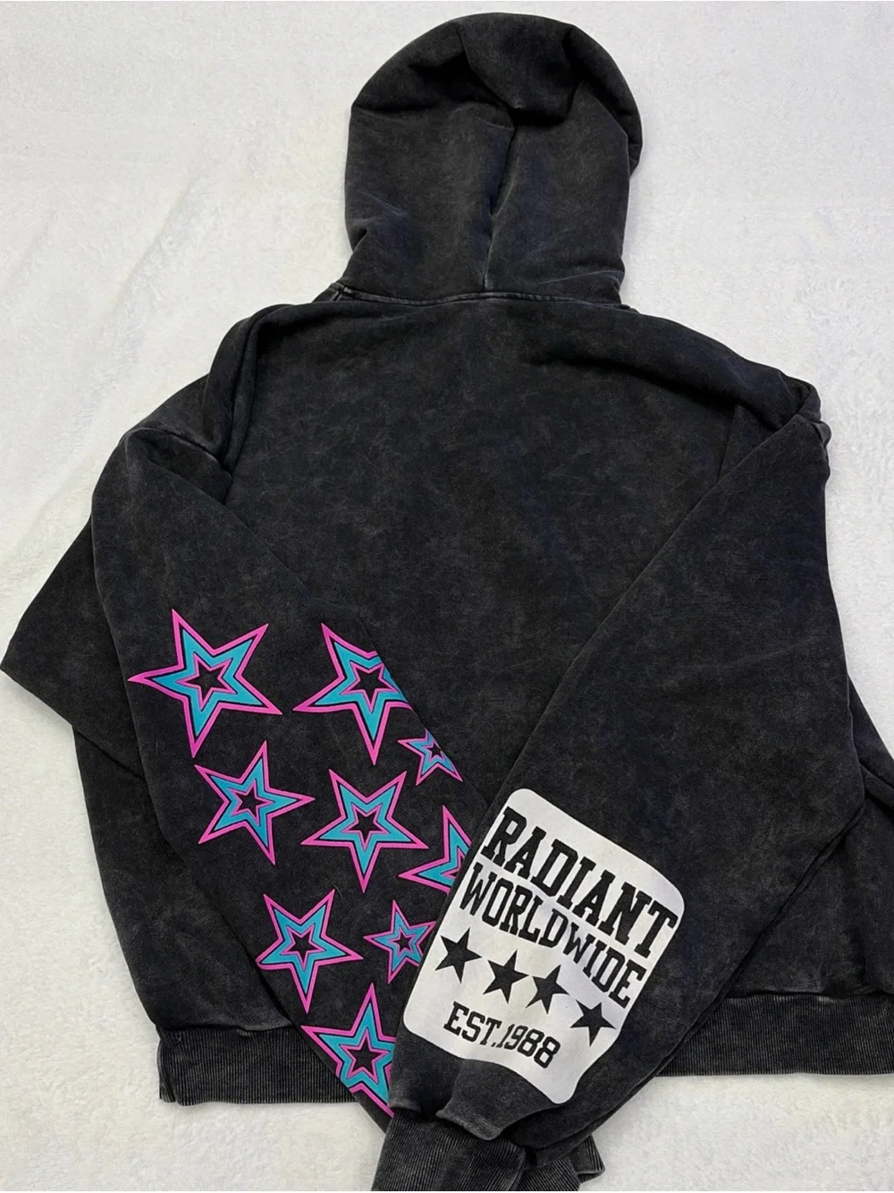Radiant Worldwide '77 Graphic Hoodie - Black with Pink & Teal Accents